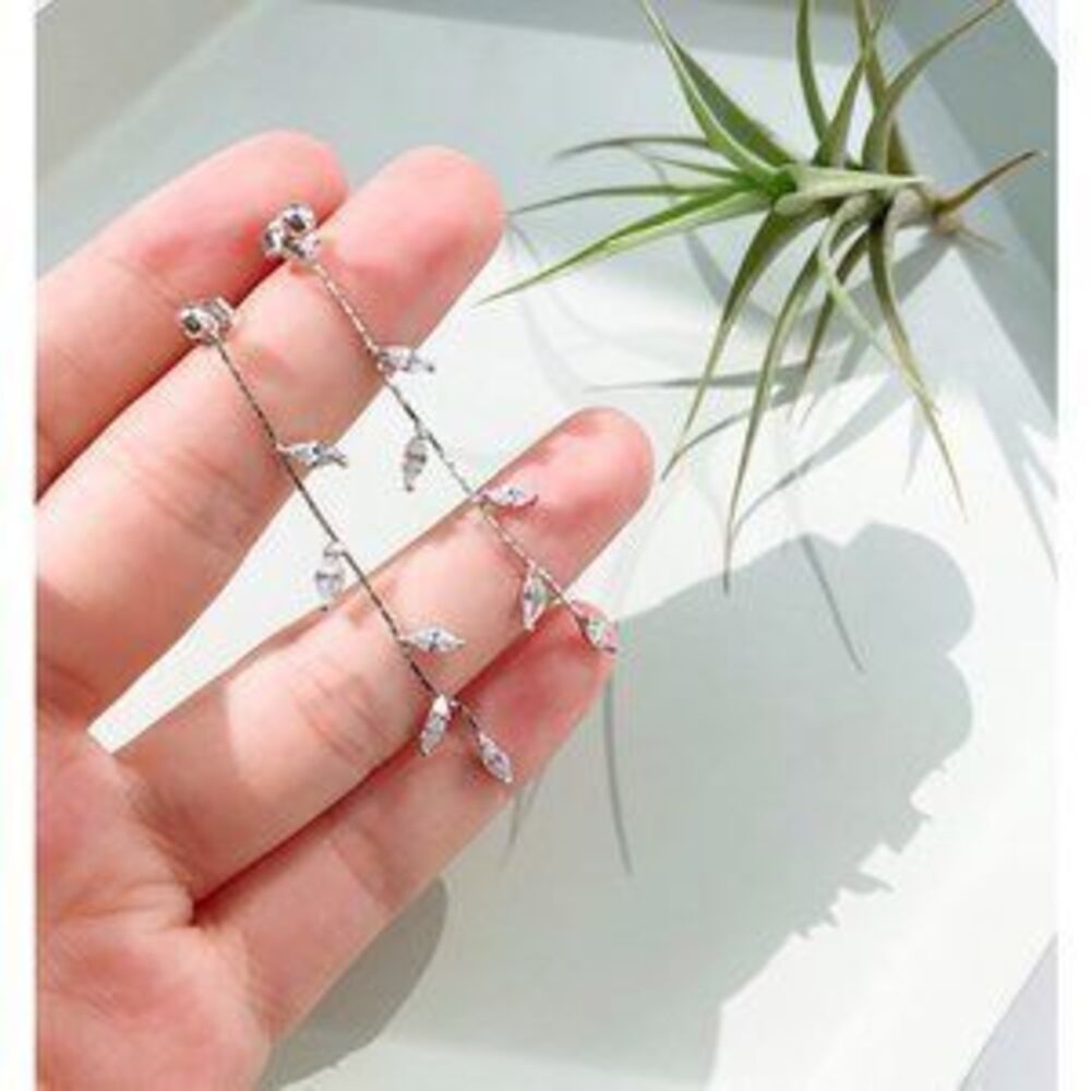 NEW Sterling Silver Diamond Leaf Drop Earrings